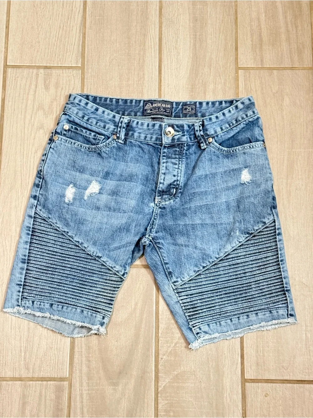 American Rag Blue Ribbed Moto Denim Shorts
